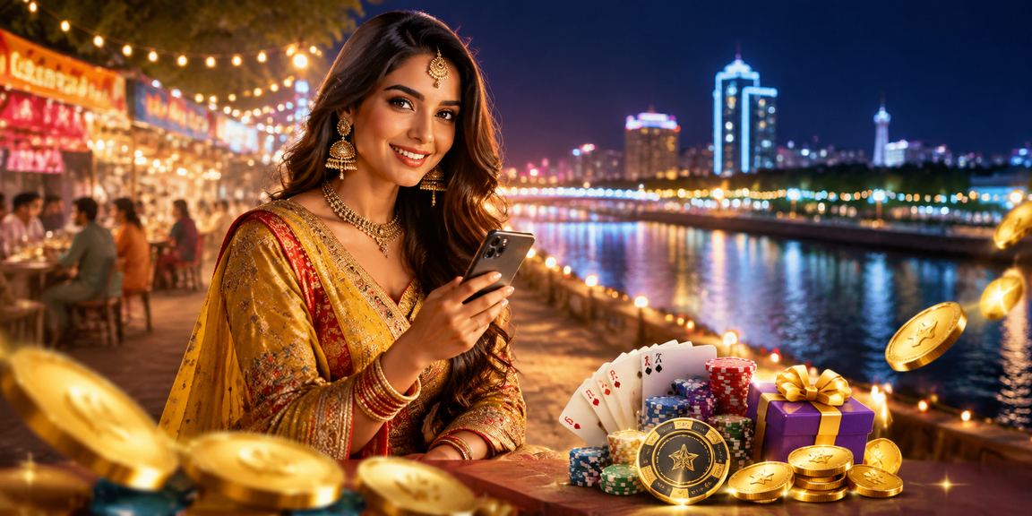 Evening poker game at Ahmedabad riverfront featuring ambient market lights