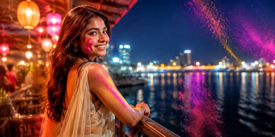 Bright Holi festival scene with responsible gaming message